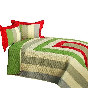 3 pc Vermicelli Quilted Patchwork Geometric Quilt Bedding Set with Two Pillow Shams
