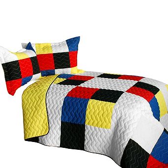 3 pc Patchwork Quilt Set With Vermicelli Stitching And Matching Shams Bedding