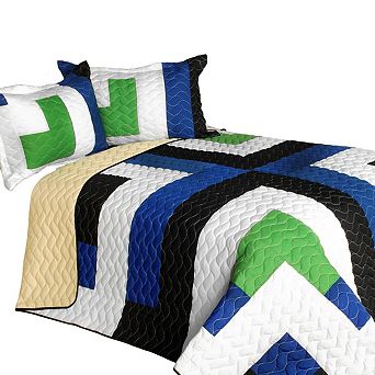 3 pc Plaid Patchwork Quilt Set with Shams Vermicelli Quilted Bedding Set