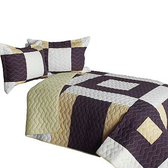 3 pc Patchwork Reversible Bedding Quilt Set Vermicelli Stitch Detail With Shams