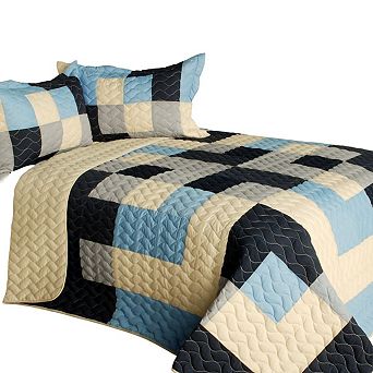 3 pc Patchwork Quilt Bedding Set With Vermicelli Stitching And Matching Shams