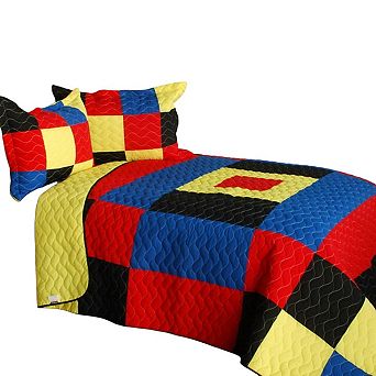 3 pc Patchwork Quilt Set With Vermicelli Stitching And Matching Shams Bedroom Bedding Set