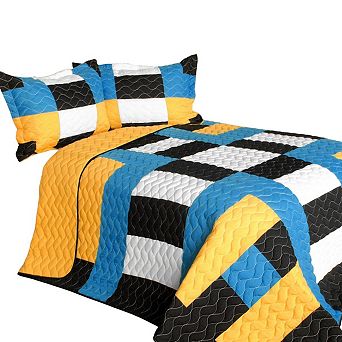 3 pc Geometric Quilted Bedspread Set Patchwork Design with Vermicelli Stitching