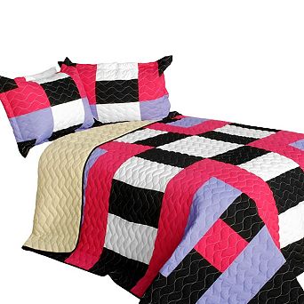 3 pc Geometric Quilted Bedspread Set Patchwork Design with Vermicelli Stitching