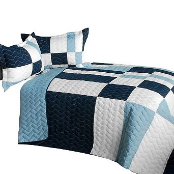 3 pc Patchwork Quilt Set With Vermicelli Stitching And Coordinated Shams