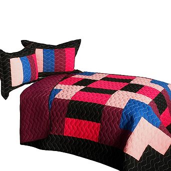 3 pc patchwork quilt set geometric bedding vermicelli stitched with shams
