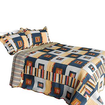 3 pc Plaid Printed Quilt Bedding Set Vermicelli Stitch Quilted Bedspread with Shams