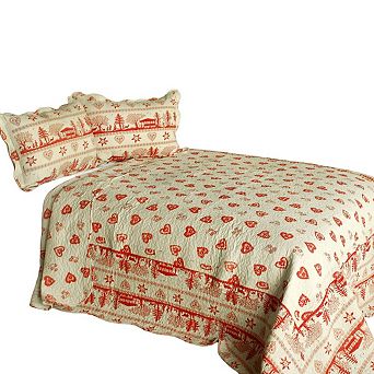 3 pc Heart Print Quilt Set with Shams Vermicelli Quilted Bedding Set Cotton