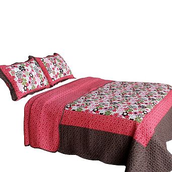 3 pc Floral Pattern Quilt Set with Shams Vermicelli Stitch Cotton Bedding Set