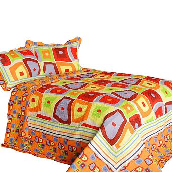 3 pc Geometric Print Bed Quilt Set with Shams Quilted Bedding Vermicelli Stitch Set
