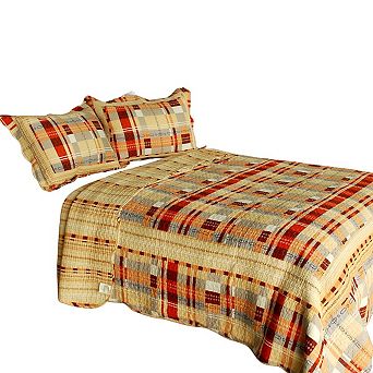3 pc Plaid Print Quilt Set with Shams Vermicelli Quilted Bedding Set Cotton
