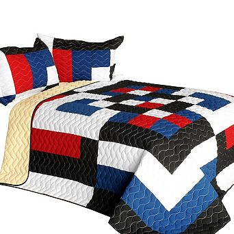 3 pc Colorblock Quilt Bedding Set Vermicelli Stitch Quilted Bedspread with Shams Set