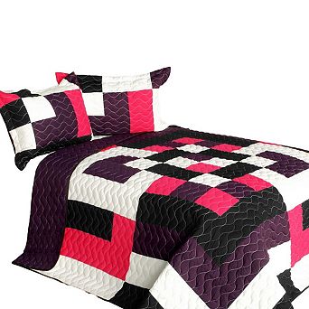 3 pc Colorblock Quilt Bedding Set Vermicelli Stitch Quilted Bedspread with Shams Set