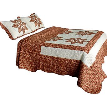 3 pc Leaf Printed Quilt Bedding Set Vermicelli Stitch Quilted Bedspread with Shams