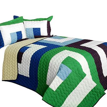 3 pc Geometric Patchwork Quilt Set with Shams Vermicelli Quilted Bedding Set