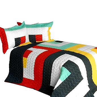 3 pc Geometric Patchwork Quilt Set with Shams Vermicelli Quilted Bedding Set