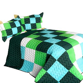 3 pc Geometric Patchwork Quilt Set with Shams Vermicelli Quilted Bedding