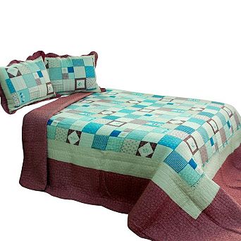 Patchwork Quilt Bedding Set 3 pc Cotton Vermicelli Stitch Bed Set with Shams