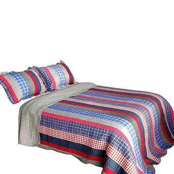 Striped Cotton Quilt Set 3 pc Vermicelli Quilted Bedding Set with Matching Shams