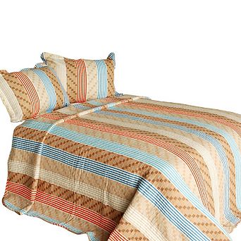 Cotton Patchwork Stripe Quilt Set 3 pc Vermicelli Quilted Bed Set with Shams