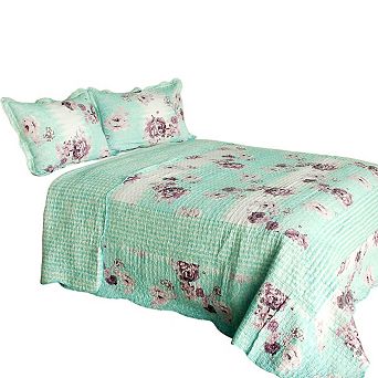 Lightweight Floral Bedspread Set Full Queen 3 pc Cotton Quilt Reversible with Shams