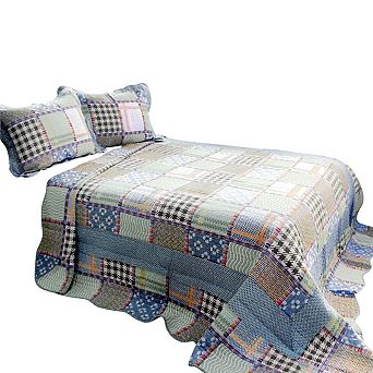 3 pc Reversible Cotton Vermicelli Printed Quilt Set with Coordinated Shams