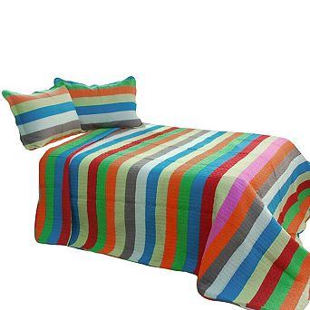 3 pc Reversible Cotton Quilt Set Horizontal Stripe Design Vermicelli Stitch Bedding Shams