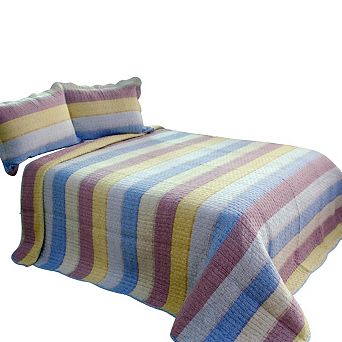 3 pc Reversible Cotton Horizontal Stripe Print Vermicelli Quilt Set with Coordinated Shams