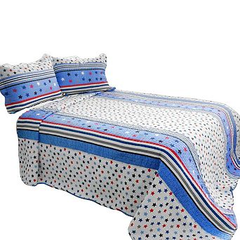 3 pc Reversible Cotton Stars Print Vermicelli Quilt Set Coordinated Shams