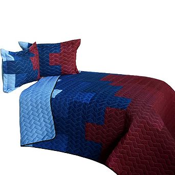 3 pc Quilted Bedding Geometric Patchwork Design Vermicelli Detail with Shams Included
