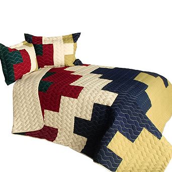 3 pc Quilted Bedding Geometric Patchwork Design Vermicelli Detail with Shams Included
