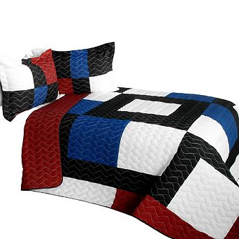 3 pc Patchwork Quilt Set Vermicelli Stitched Bedding With Matching Shams