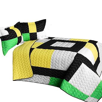 3 pc Patchwork Quilt Set Vermicelli Stitched Bedding With Matching Shams