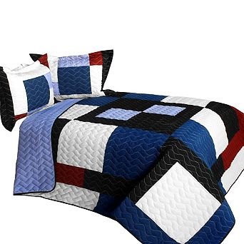3 pc Reversible Bedding Quilt with Patchwork Design and Matching Shams