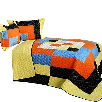 3 pc Reversible Geometric Patchwork Quilt with Vermicelli Stitch Detail and Matching Shams