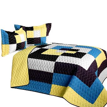 3 pc Quilted Patchwork Quilt with Textured Surface Design and Shams