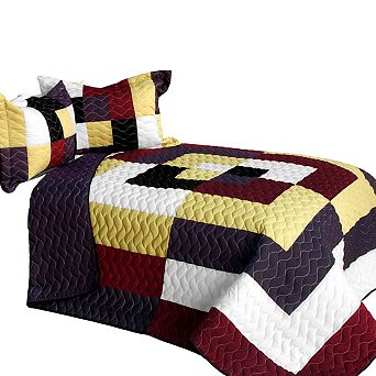 3 pc Quilted Patchwork Quilt with Textured Surface Design and Shams