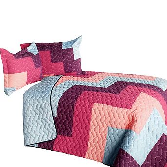 3 pc Quilted Patchwork Bedspread Set Reversible Coverlet Matching Pillow Covers
