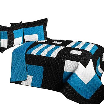 3 pc Patchwork Bedding Set with Quilted Stitch Pattern and Shams