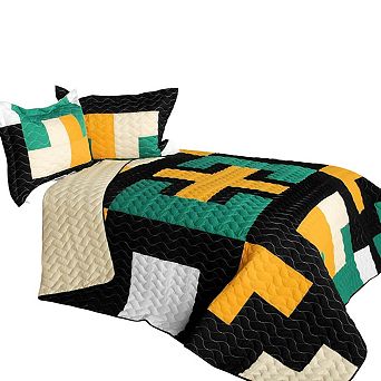 3 pc Vermicelli Quilt Set Patchwork Style Bedding With Matching Shams