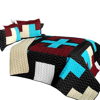 3 pc Vermicelli Quilt Set Patchwork Style Bedding With Matching Shams