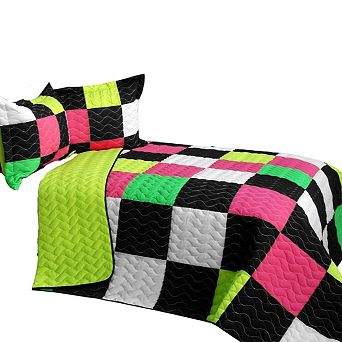 3 pc Vermicelli Quilt Set With Patch Design And Coordinated Pillow Shams