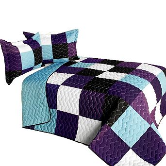 3 pc Vermicelli Quilt Set With Patch Design And Coordinated Pillow Shams