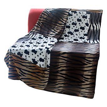 Patchwork Animal Print Throw Blanket with Leather Style Trim for Sofa or Bed