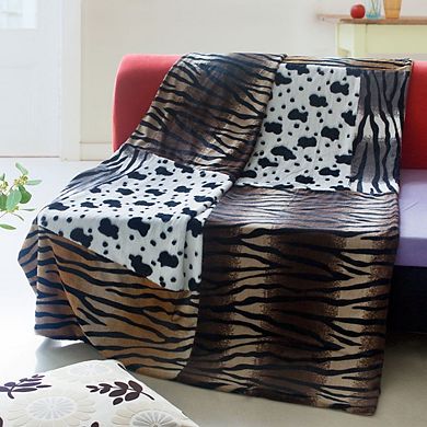 Patchwork Animal Print Throw Blanket with Leather Style Trim for Sofa or Bed