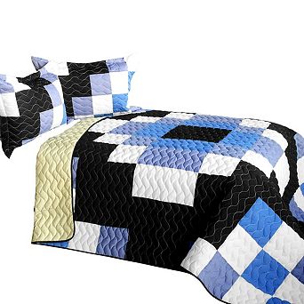 3 pc Vermicelli Quilted Bedding with Patchwork Design and Shams for Bedroom