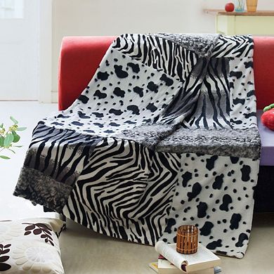 Animal Print Patchwork Throw Blanket with Leather Style Edge Finish for Everyday