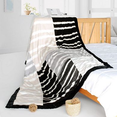 Stripe Patchwork Throw Blanket Faux Fur Fleece Bed Accent Blanket