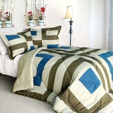 Full Queen Patchwork Comforter Set Reversible Microfiber Bedding with 2 Shams
