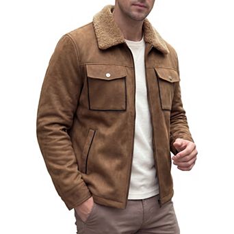 Men's Casual Zipper Pockets Vintage Fleece Lined Faux Suede Trucker Jacket